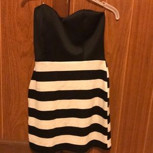 Black and white strapless bodycon mini dress